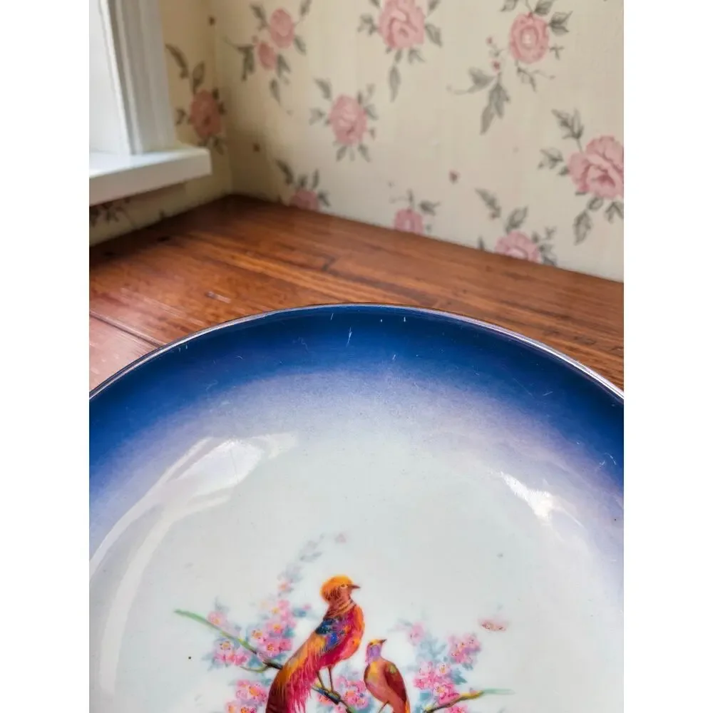 Vintage Czechoslovakia Porcelain Serving Plate Tray Birds Floral Blue Luster